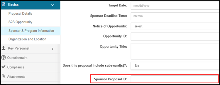 Sponsor Proposal ID field highlighted on the Sponsor and Program Information panel